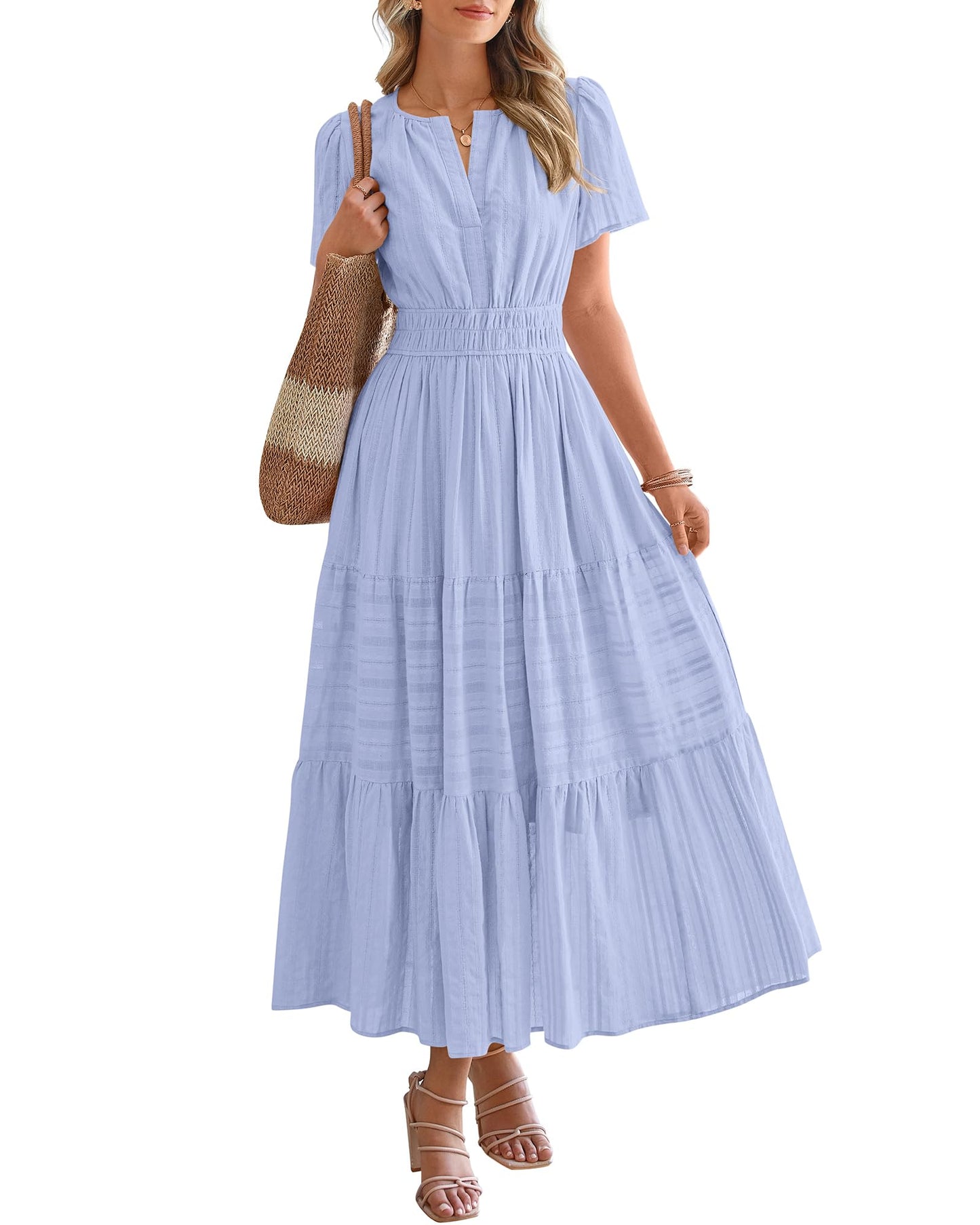 Limited time sale🔥Women's Lightweight Short Sleeve V Neck Elastic Waist Dresses
