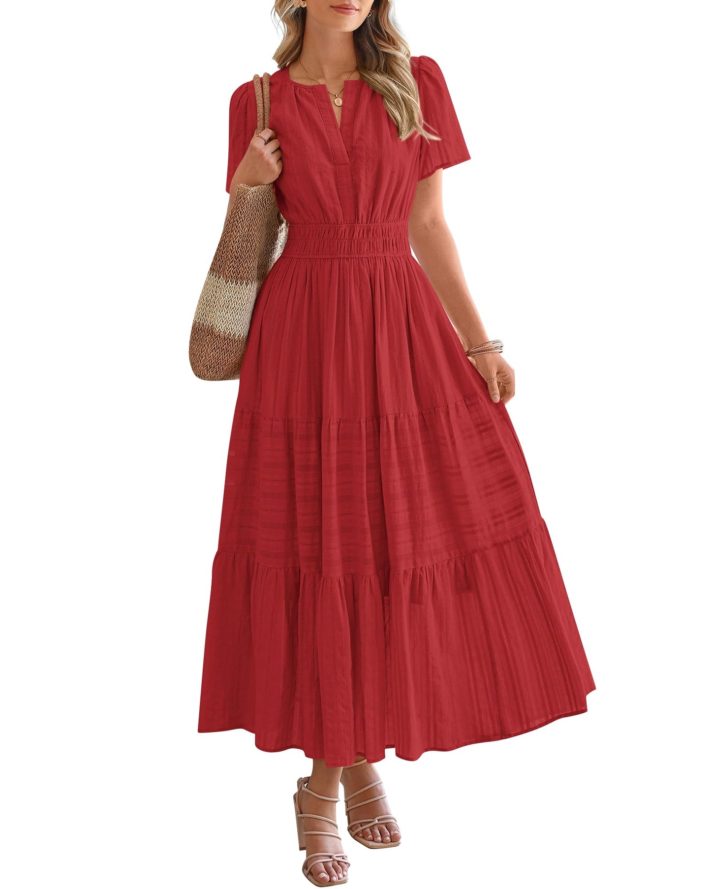 Limited time sale🔥Women's Lightweight Short Sleeve V Neck Elastic Waist Dresses