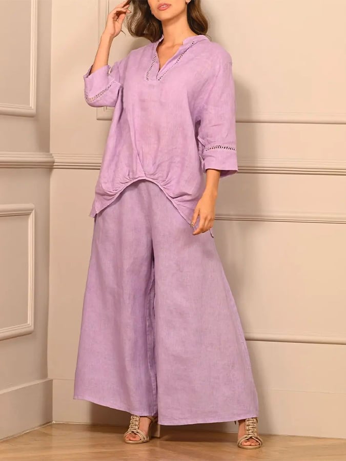 Women's Casual Solid Color Lace Splicing 7-point Sleeve V-neck Pleated T + Wide-leg Pants Set