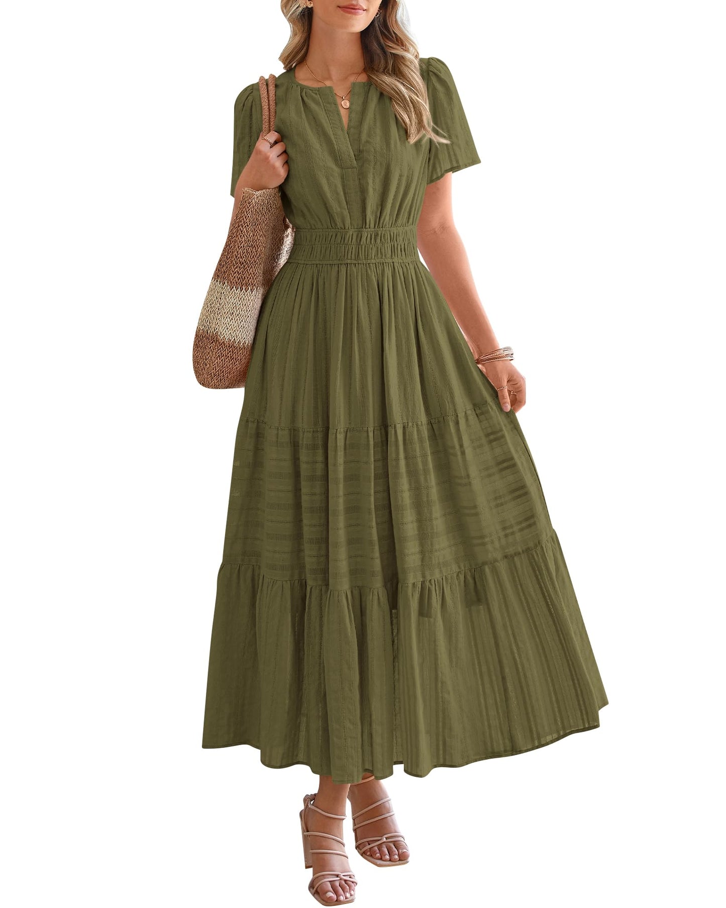 Limited time sale🔥Women's Lightweight Short Sleeve V Neck Elastic Waist Dresses