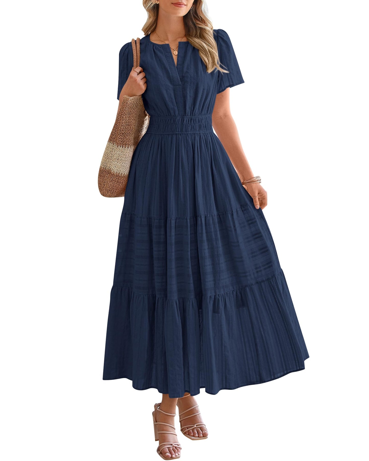 Limited time sale🔥Women's Lightweight Short Sleeve V Neck Elastic Waist Dresses