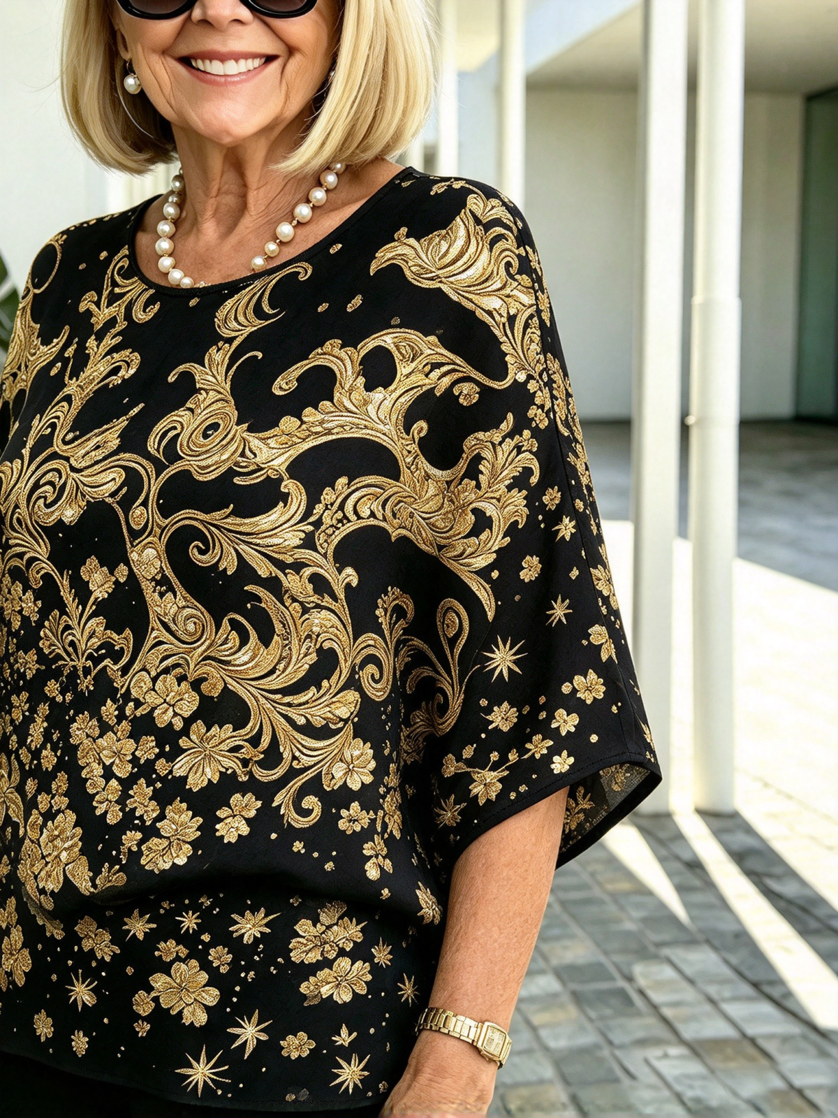 2Pcs Gold Foil Print Outfit Set Crew Neck Flutter Sleeve Layered Blouse with Straight Leg Pants Mother of the Bride Formal Evening Suits