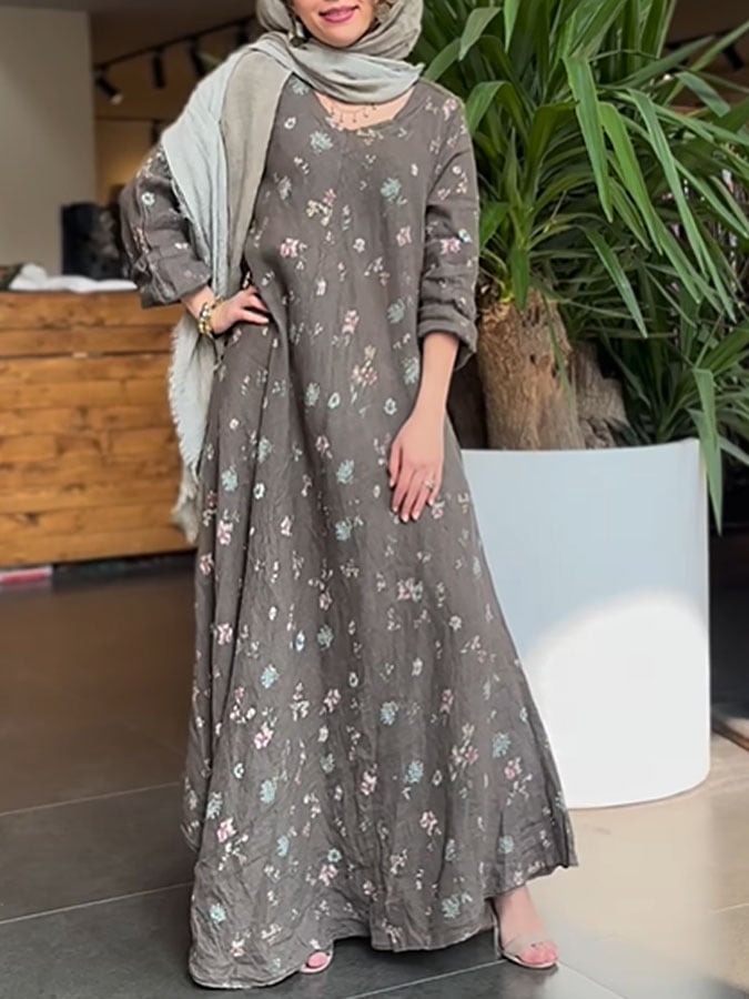 Women's Casual V-Neck Long Sleeve Floral Print Dress