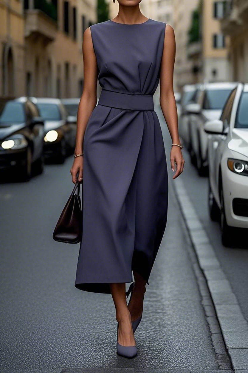 Elegant Solid Color Waist Dress