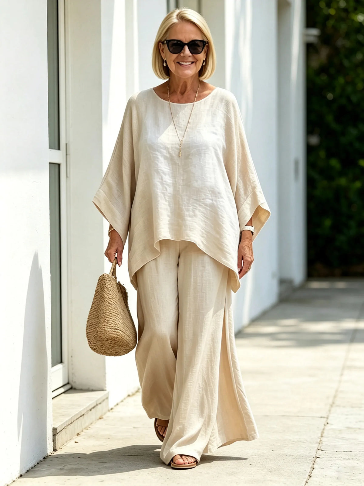 2Pcs Elegant Women Solid Linen‐Blend Two‐Piece Set, Oversized Batwing Sleeve Uneven Hem Tunic Blouse, Breathable Flowy Wide Leg Floor‐Length Pants, Loose Comfortable Casual Co‐ord Suit for Beach Holiday Daily Street Wear
