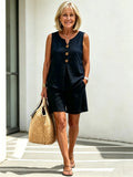 V-neck Button Sleeveless Vest Top Shorts Set Two-piece Set