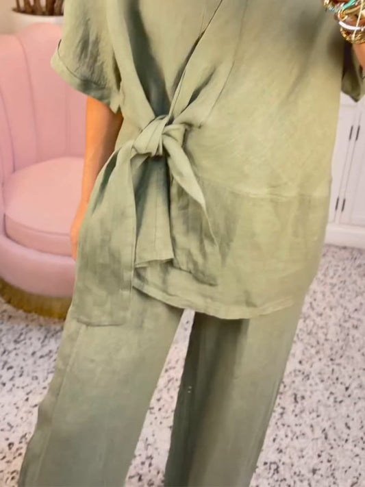 Women'S Solid Color Round Neck Side-Slit Knotted Cotton And Linen Two-Piece Set