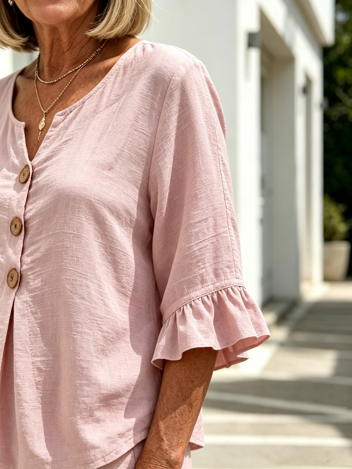 Women Solid Color Casual Shorts Two-Piece Pants Set, Woven Textured Faux Linen Matching Outfit, V-Neck Single Row Wooden Button Blouse With Ruffle Flared 5/7 Length Flutter Sleeves, Loose Relaxed Fit Elastic Waist Knee-Length Bermuda Three Point Shorts Wi