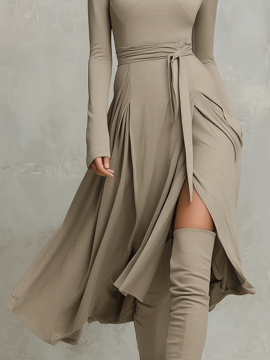 Women’s Elegant Figure-flattering Long Sleeves Knit Blend Midi Dress