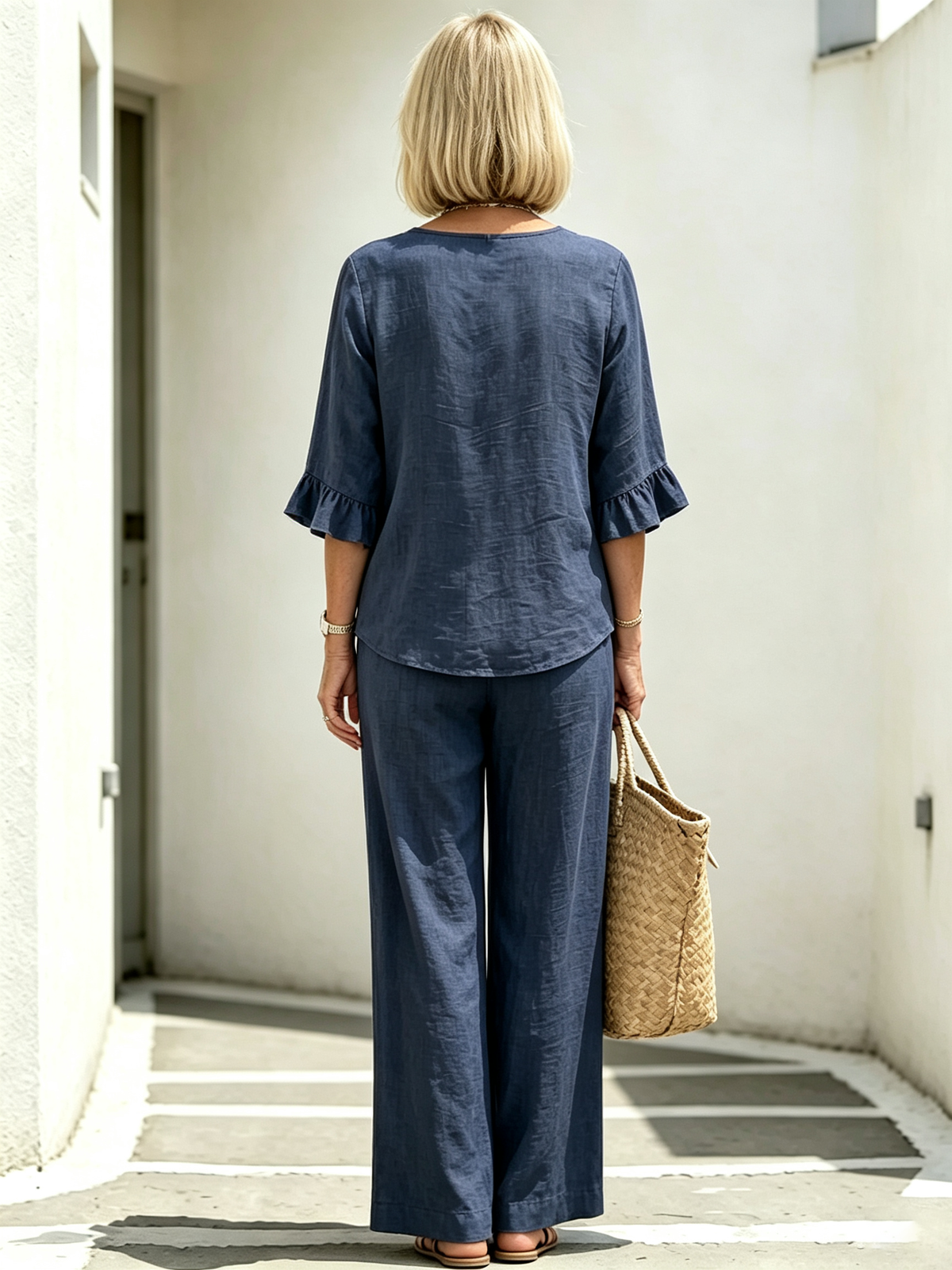Women's Casual Button V-Neck Ruffle Women Summer Linen Two-Piece Outfit Set, V-Neck Wooden Button Front Ruffle 3/4 Sleeve Loose Casual Top & Matching Wide Leg Long Pants, Lightweight Breathable Textured Fabric High-End Seven-Sleeve Linen Top Two-piece Set
