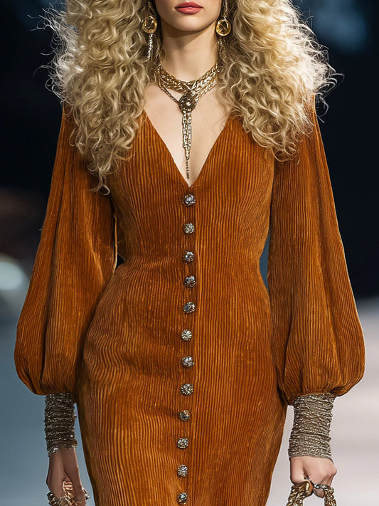 Vintage Button Puff Sleeve Caramel Brown Corduroy Midi Dress