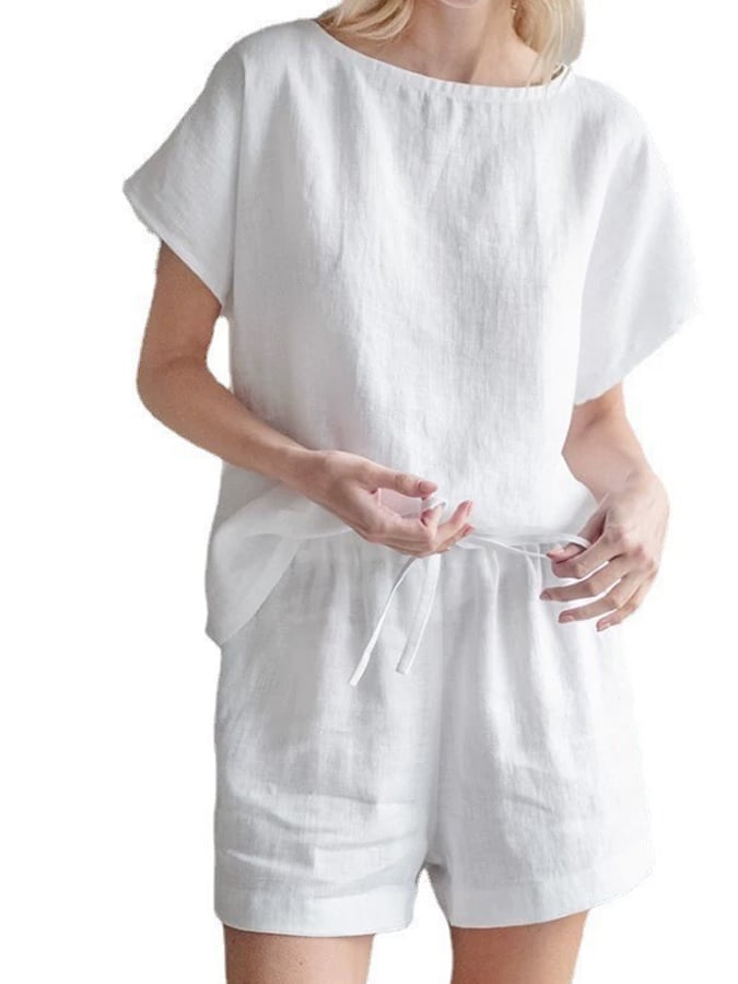 Women's Casual Solid Color Top Drawstring Cotton and Linen Shorts Set