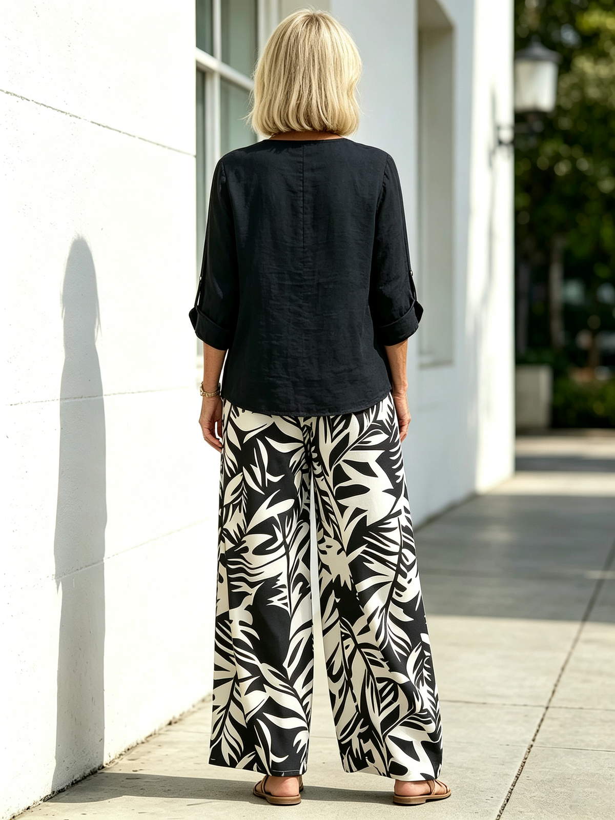 Plant-printed V-neck Vest Straight-leg Pants, Casual and Comfortable Suit
