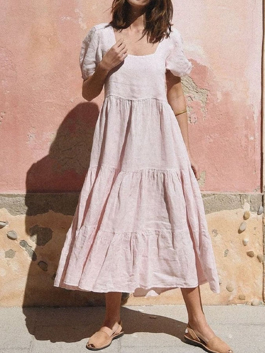 Women's Casual Solid Color Square Neck Short Sleeve Splicing Dress