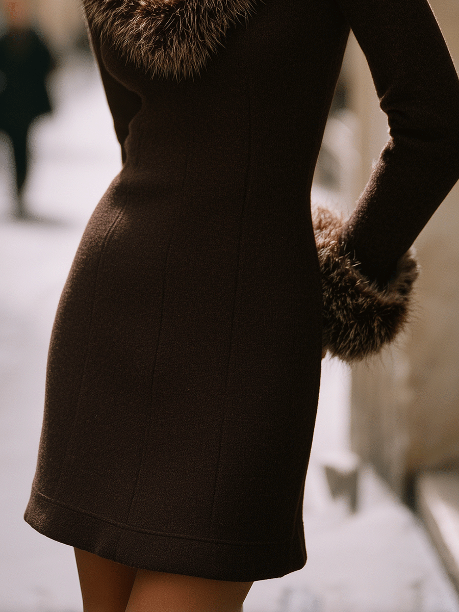 Elegant Chocolate Faux Fur Collar And Cuffs Knit Mini Dress