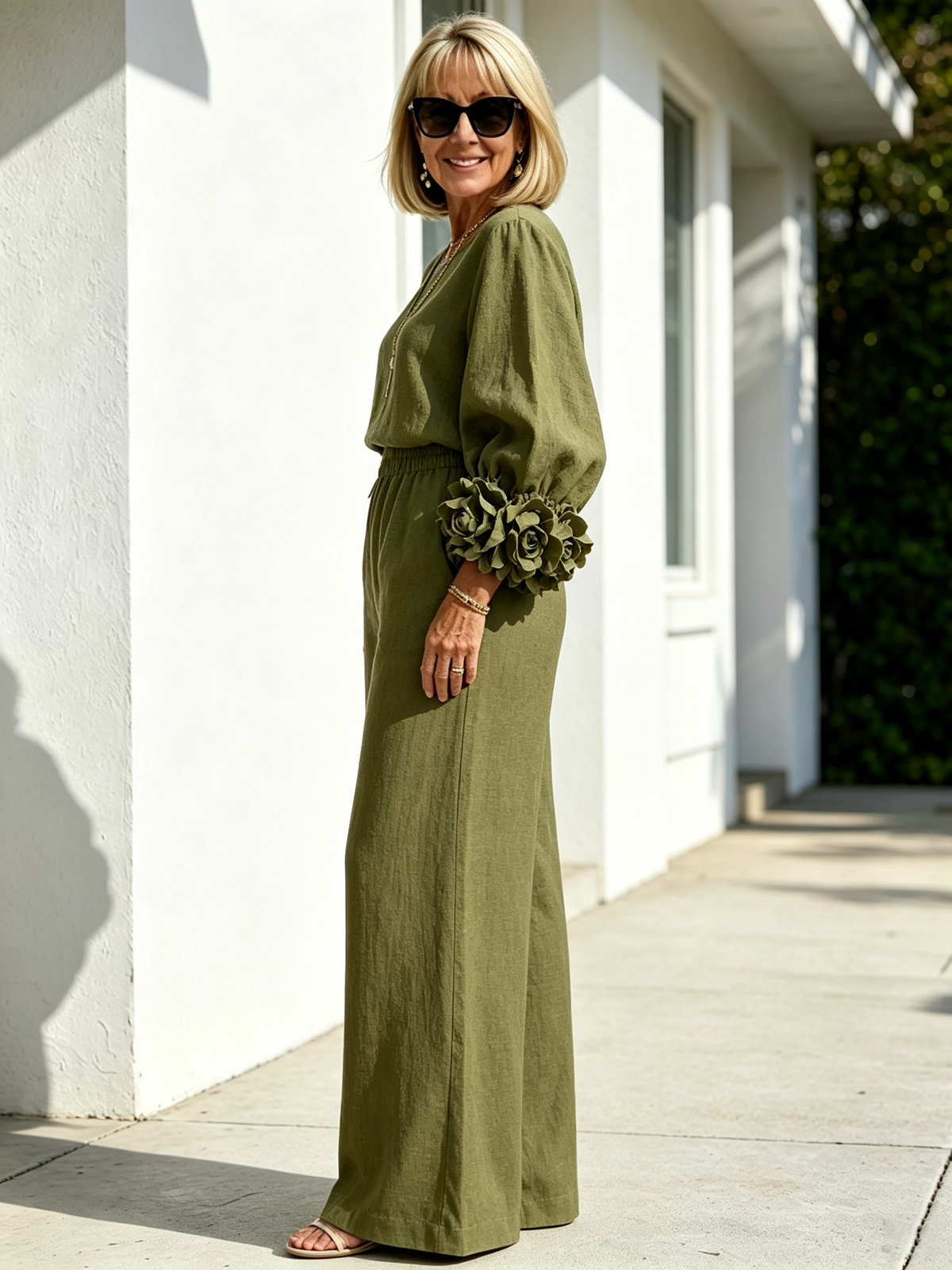 2Pcs Women Solid Color Linen Two Piece Pant Set, Crew Neck Long Sleeve Top with Statement 3D Floral Ruffle Cuffs, Elastic Waist Wide Leg Trousers, Relaxed Fit Matching Outfit for Casual Holiday Daily Outing