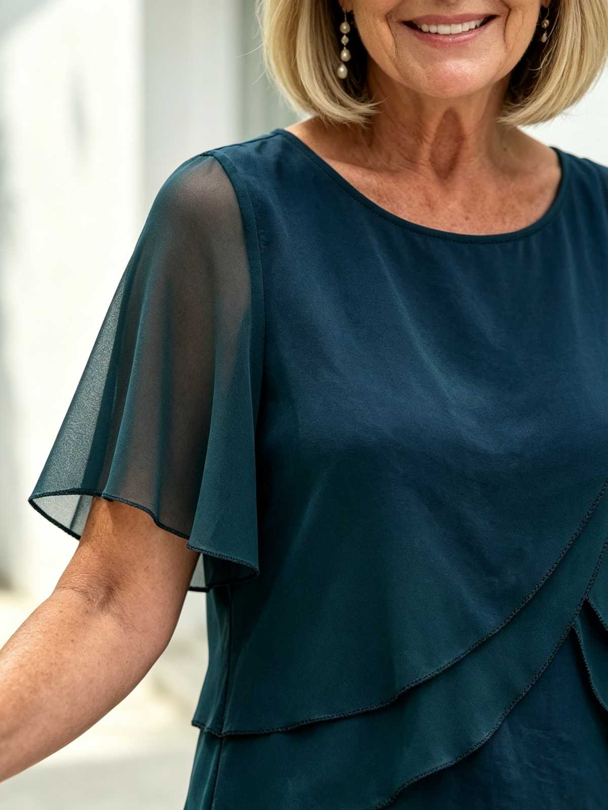2 Piece Outfit Set, Round Neck Chiffon Flutter Short Sleeve Top, Multi-layer Ruffled Irregular Hem, High Waist Straight Wide Leg Long Trousers, Lightweight Sheer Fabric, Elegant Flowy Pant Suit for Wedding Guest and Formal Occasions