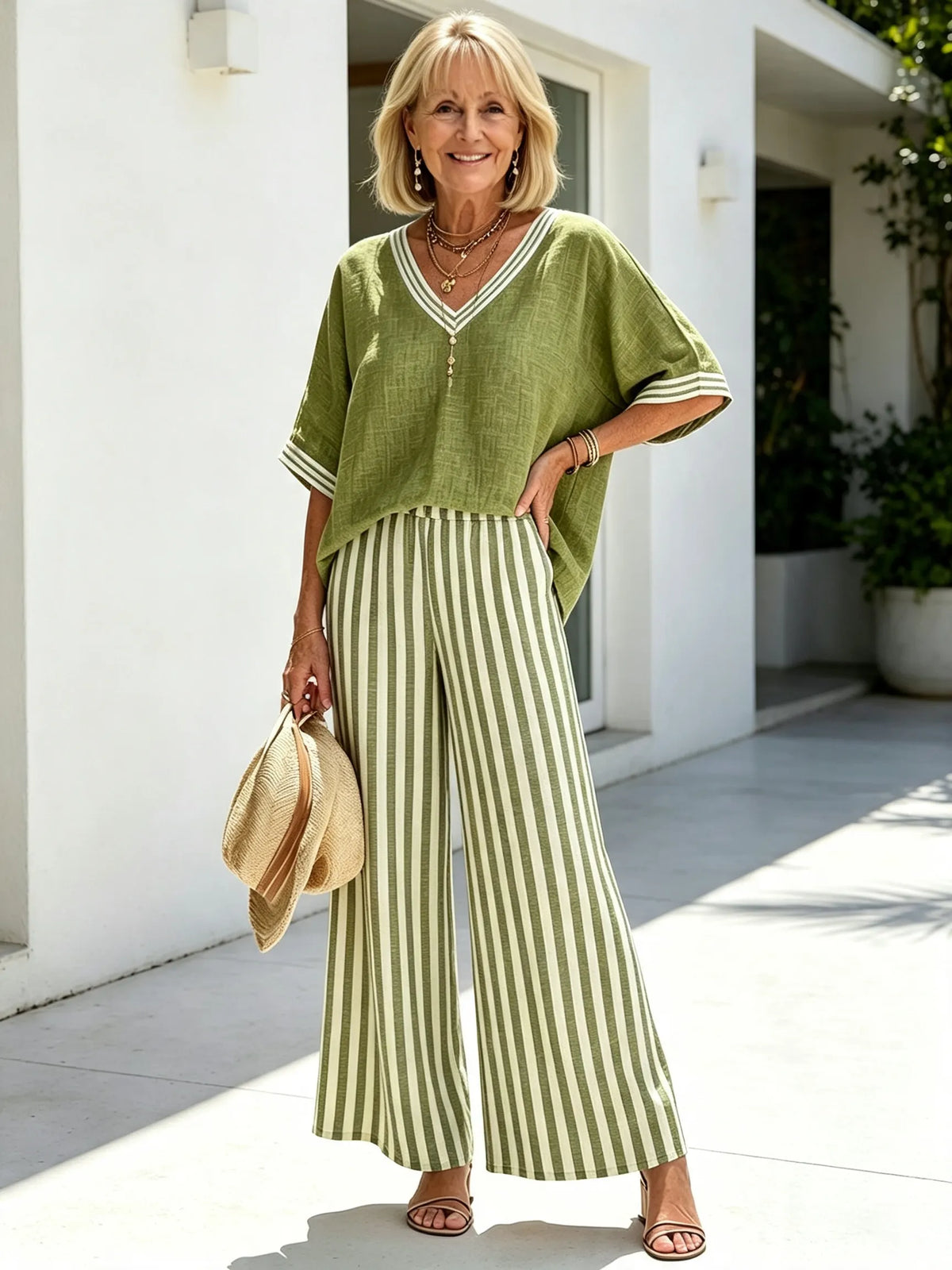 Women Cotton Linen Vacation Two-Piece Outfit Set, Contrast White Striped V-Neck Loose Short Sleeve Top With Striped Cuffs, Matching Green Vertical Striped High Waist Wide Leg Trousers, Lightweight Breathable Textured Fabric Relaxed Fit Casual Holiday Comm