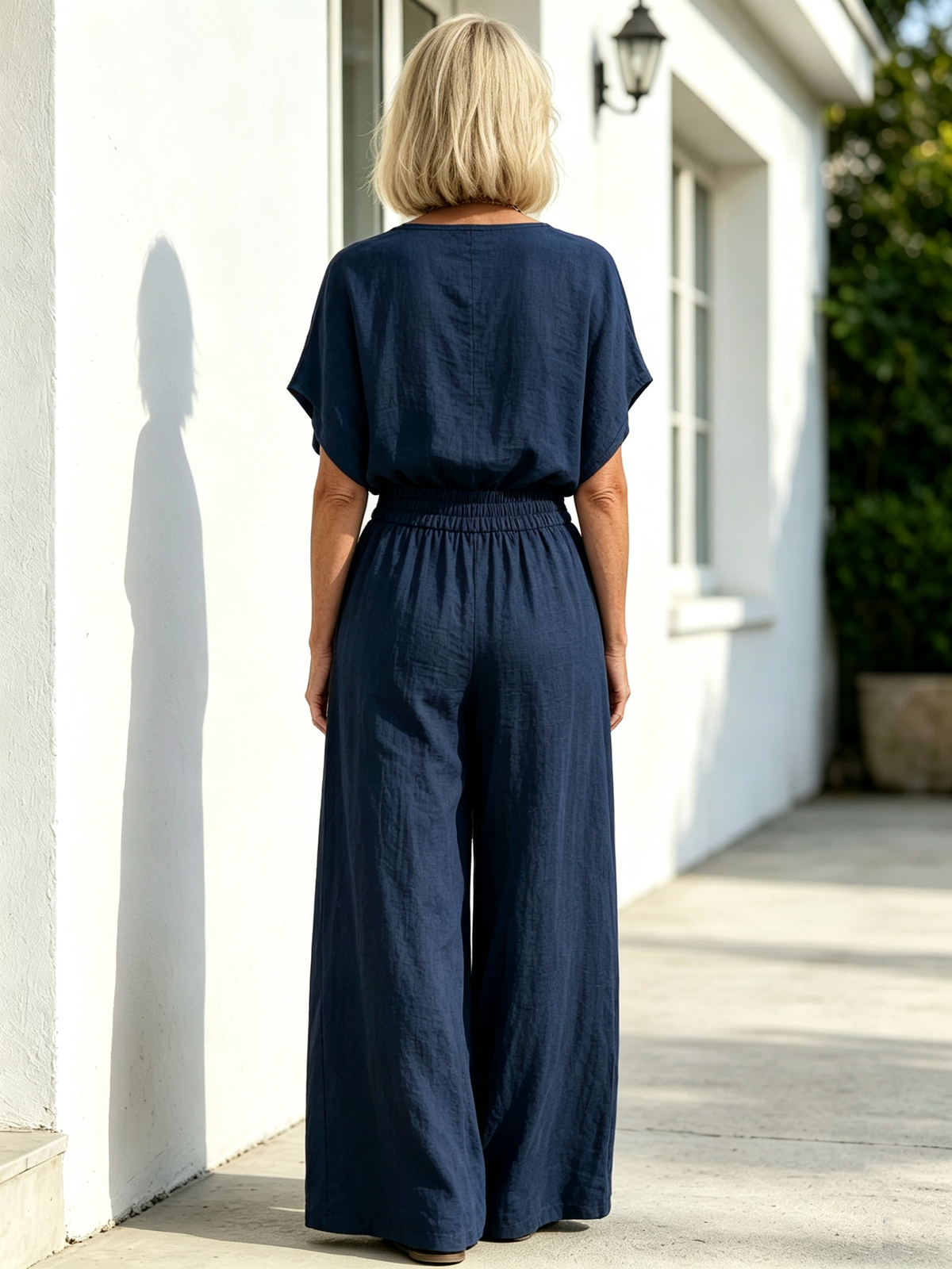 2Pcs Solid Color Loose Temperament V-neck Casual and Comfortable Cotton and Linen Two-piece Set