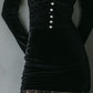 Chic Pleat Waist Black Velvet Mini Dress With Lace Trim