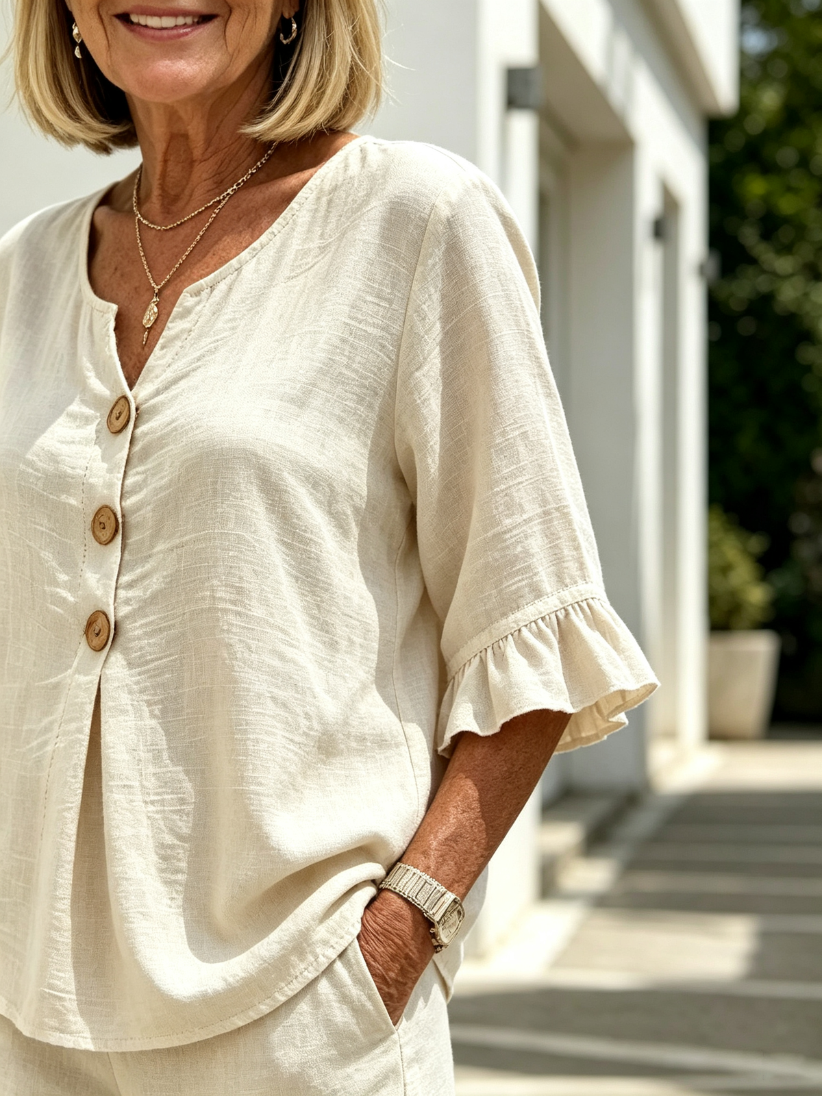Women Solid Color Casual Shorts Two-Piece Pants Set, Woven Textured Faux Linen Matching Outfit, V-Neck Single Row Wooden Button Blouse With Ruffle Flared 5/7 Length Flutter Sleeves, Loose Relaxed Fit Elastic Waist Knee-Length Bermuda Three Point Shorts Wi
