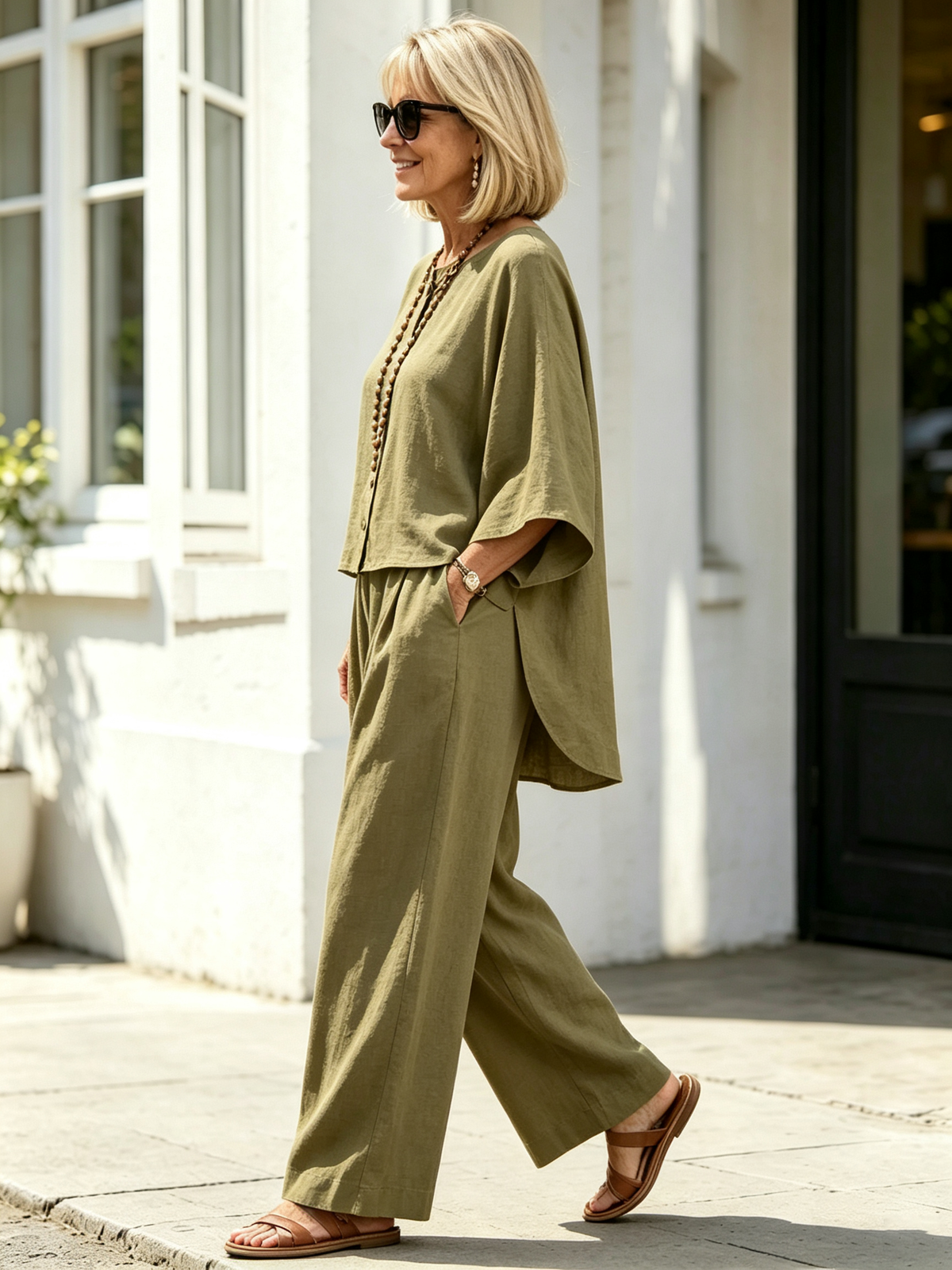 2Pcs OL style temperament women's clothing collage cotton and linen seven-quarter sleeve set size supply