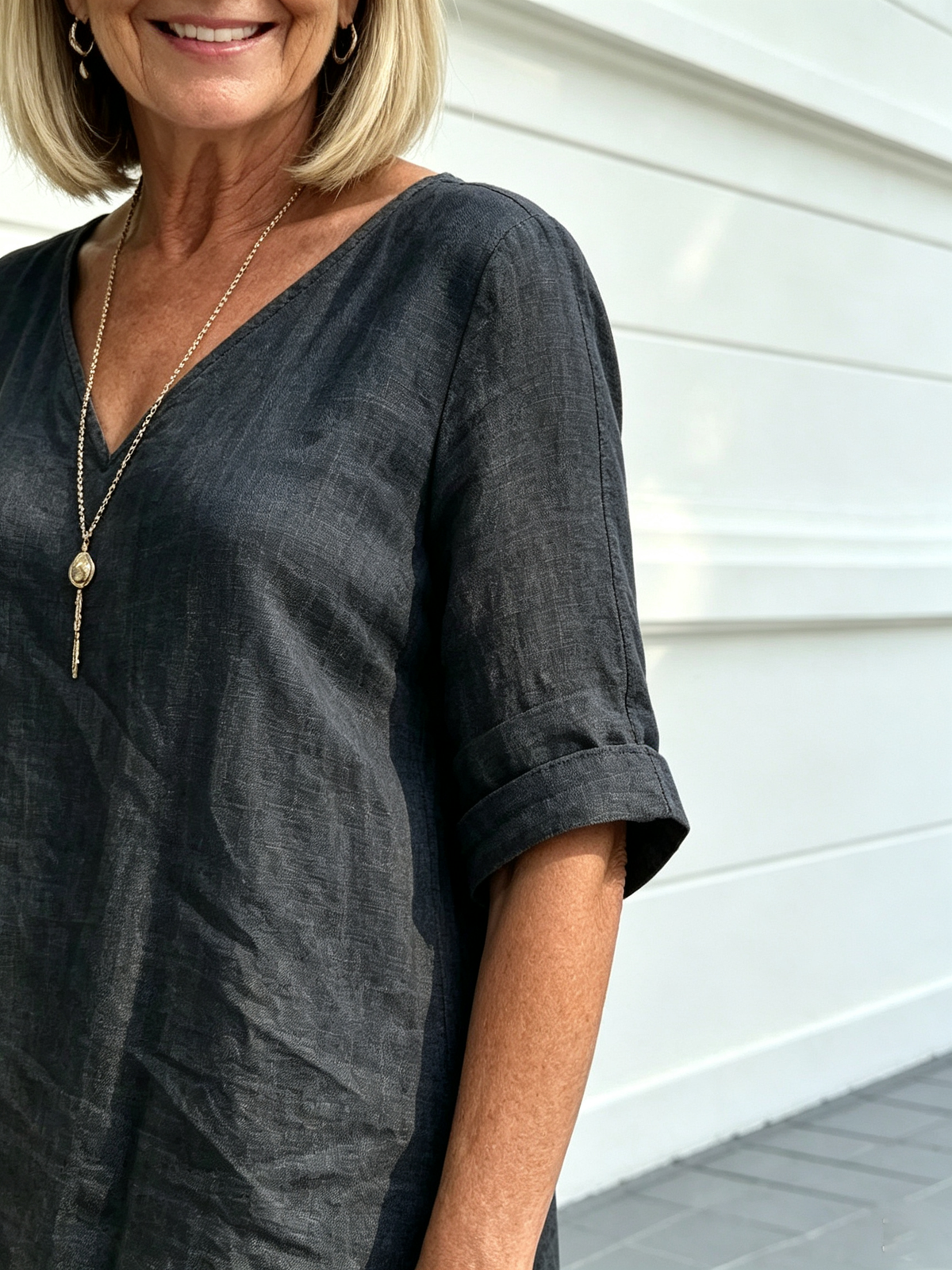 Casual Cotton and Linen Solid Color Fashion Casual Medium Sleeve V-neck Top Set