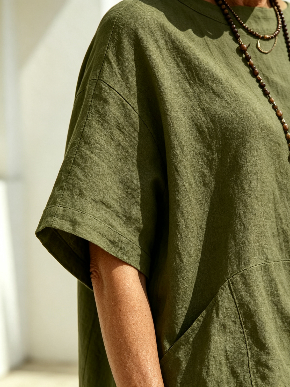 2Pcs Solid Color Cotton Linen Two-piece Outfit, Round Neck Short Sleeve Irregular Hem Tunic Top, Wide Leg Long Pants, Loose Relaxed Fit, Lightweight Breathable Fabric, Flowy Casual Coordinate Set for Daily, Holiday and Outdoor Occasions