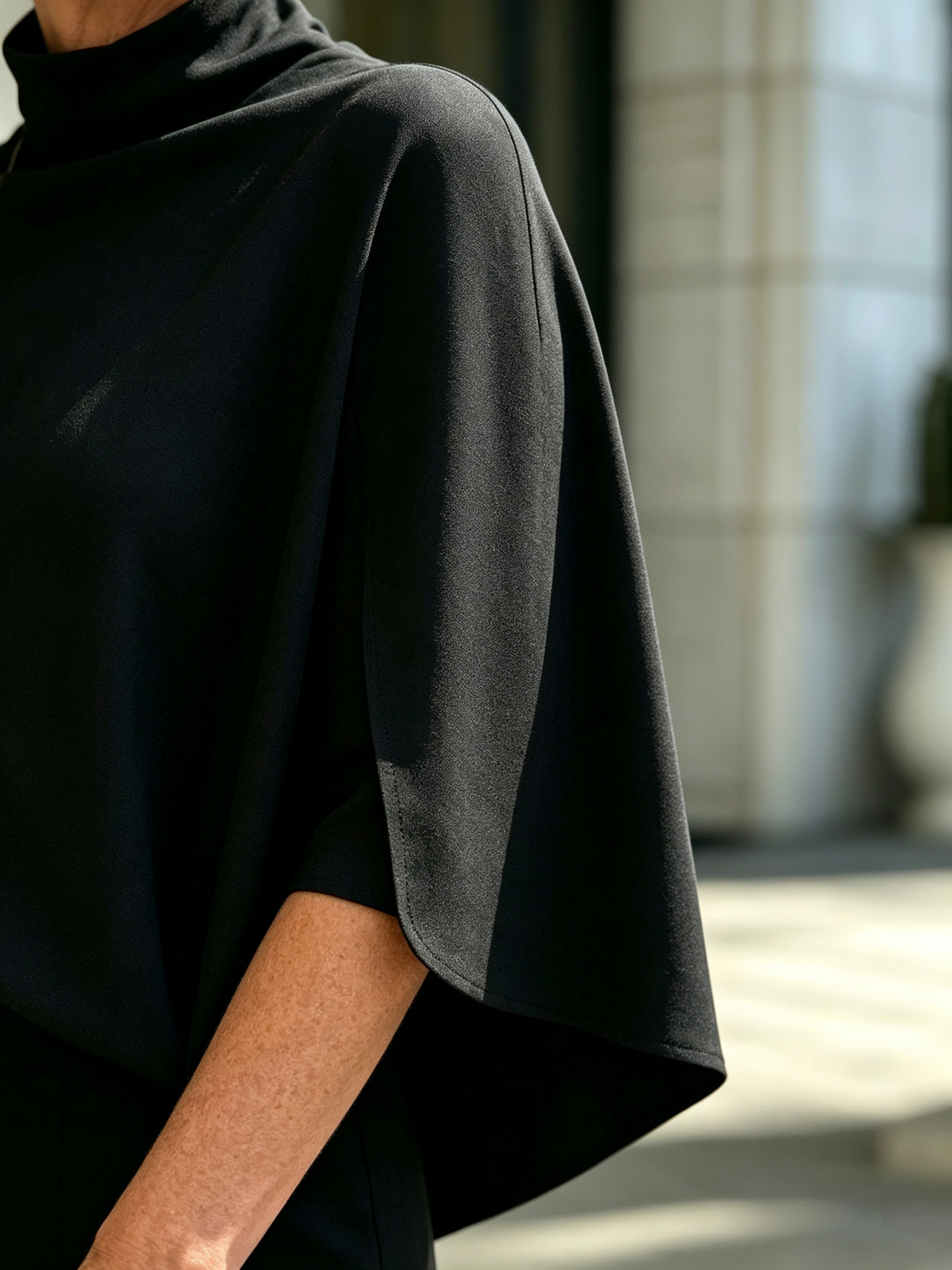 Solid Color 2 Piece Outfit Set, Semi High Mock Neck Cape Sleeve Blouse, High Waist Split Wide Leg Pants, Light Textured Woven Fabric, Relaxed Elegant Silhouette, Flowy Cape Top and Front Slit Trousers for Formal and Semi-formal Occasions