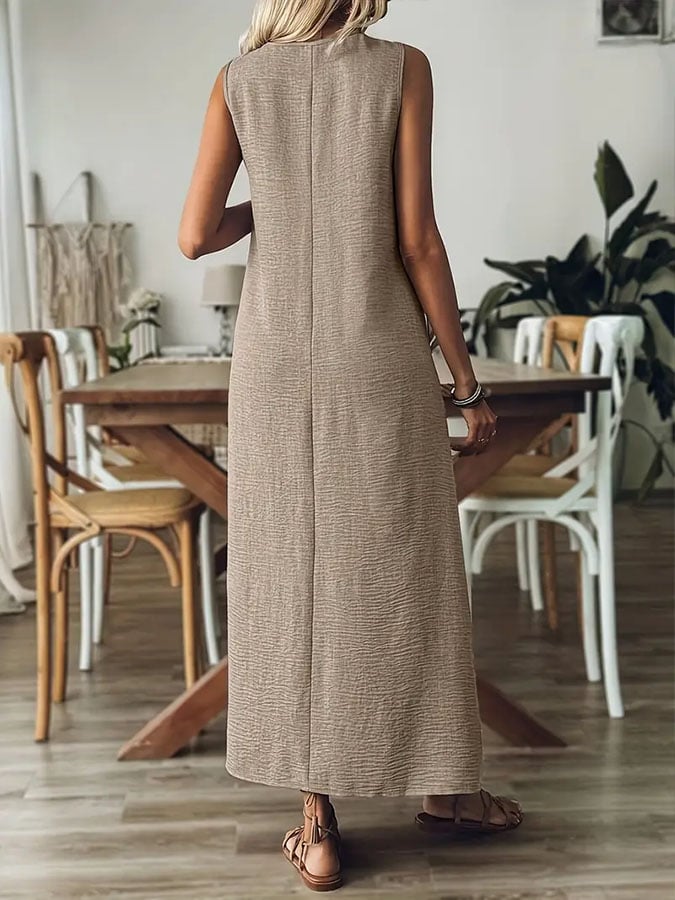 Women'S Casual Solid Color V-Neck Sleeveless Cotton and Linen Dress