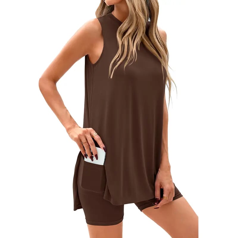 Sleeveless Crewneck Women's 2 Piece Sets Summer Matching Lounge Shorts Set Resort Airport Travel Outfit Split Hem Casual Clothes Basic Fitted Homewear