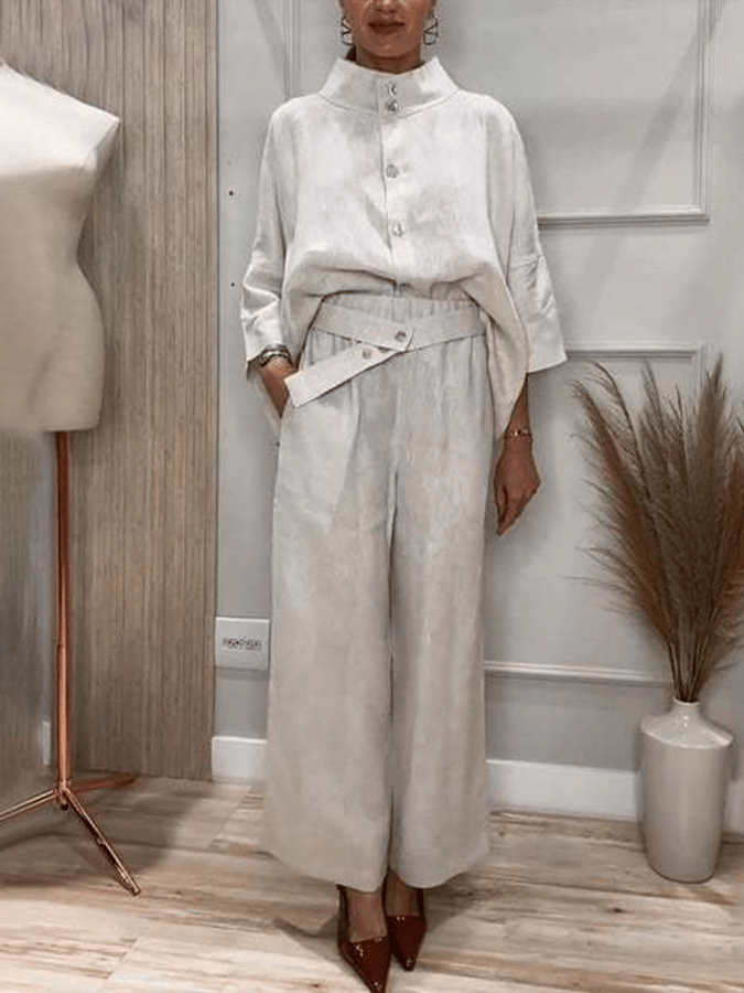 Women'S Casual Single-Breasted Shirt + Characteristic Elastic Waist Wide-Leg Pants Suit