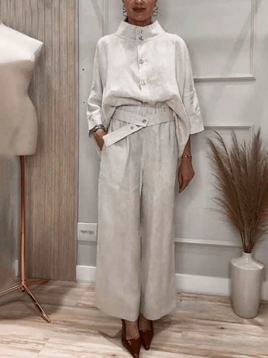 Women'S Casual Single-Breasted Shirt + Characteristic Elastic Waist Wide-Leg Pants Suit
