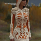 Women's Vintage Halloween Skeleton Bones With Rose Art Cozy Knit Hooded Sweater Dress