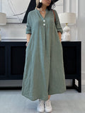Women's Casual Solid Color V-Neck Long Sleeve Button Cotton and Linen Dress