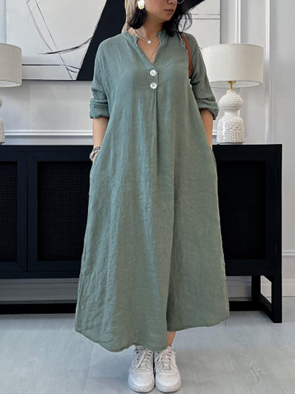 Women's Casual Solid Color V-Neck Long Sleeve Button Cotton and Linen Dress