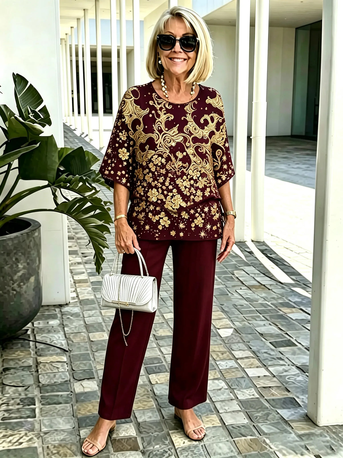 2Pcs Gold Foil Print Outfit Set Crew Neck Flutter Sleeve Layered Blouse with Straight Leg Pants Mother of the Bride Formal Evening Suits