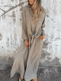 Women'S Casual Lapel Long Sleeve Lace-Up Cotton And Linen Suit