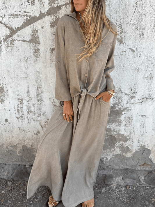 Women'S Casual Lapel Long Sleeve Lace-Up Cotton And Linen Suit