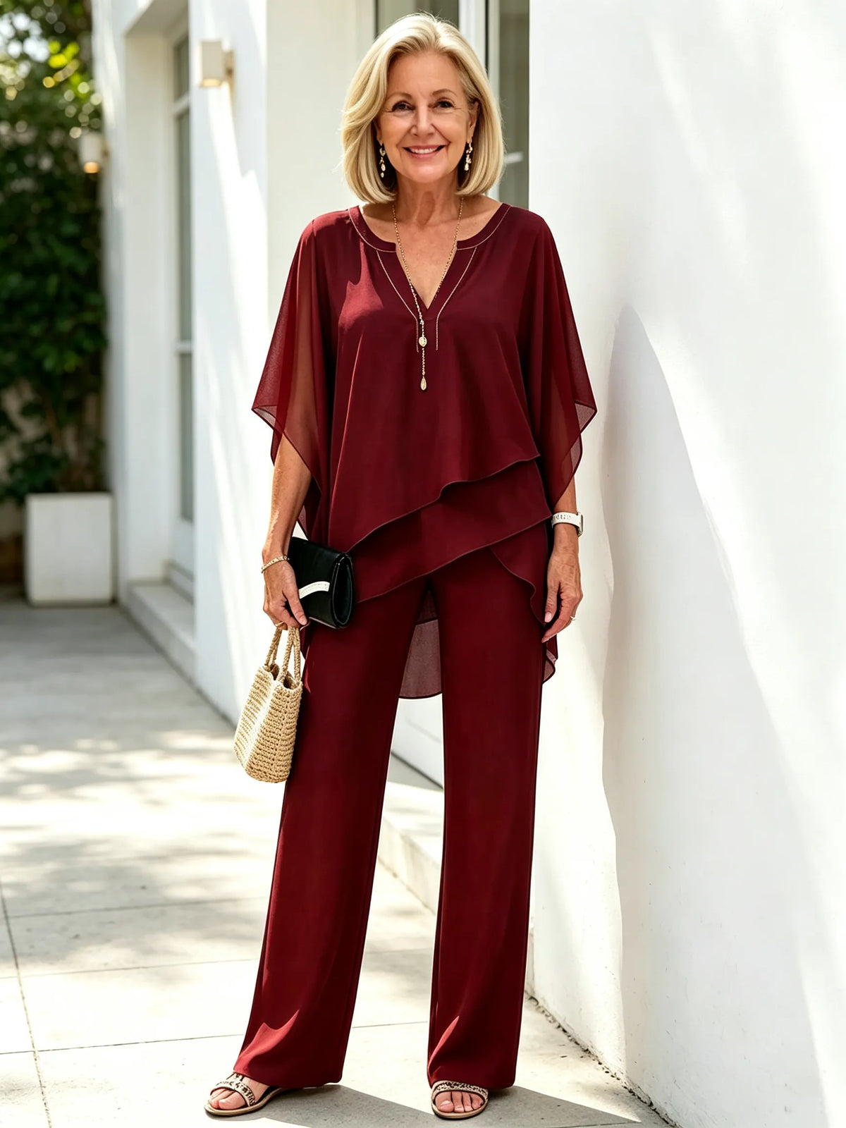 2Pcs Chiffon Bat Half-sleeve Temperament Elegant Women's Casual V-neck Two-piece Set