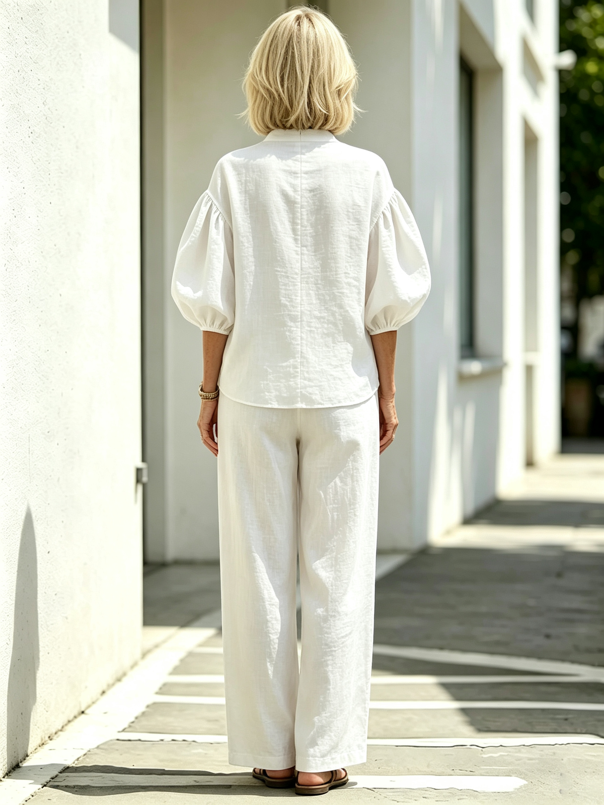 2Pcs Casual Matching Outfit Set, Stand Collar Half Zipper Top, Lantern Puff Sleeve Blouse, Solid Lightweight Textured Fabric, Elastic Drawstring Waist Wide Leg Long Pants, Relaxed Loose Fit Co-Ord Suit for Daily Leisure and Vacation