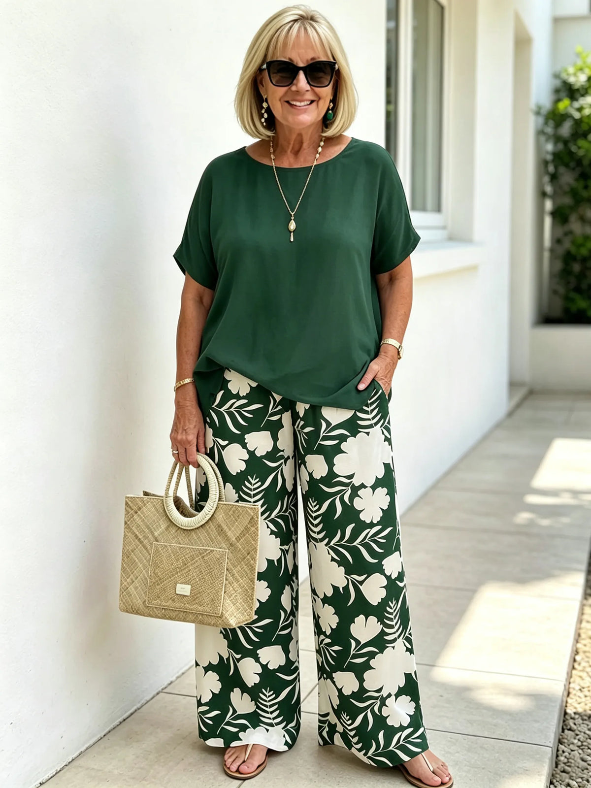 Elegant Two‐Piece Casual Suit for Women, Loose Solid Short Sleeve Top and High Waist Floral Printed Wide Leg Pants, Comfortable Relaxed Fit Co‐Ord Outfit, Fashionable Loungewear for Summer Daily Holiday Occasions