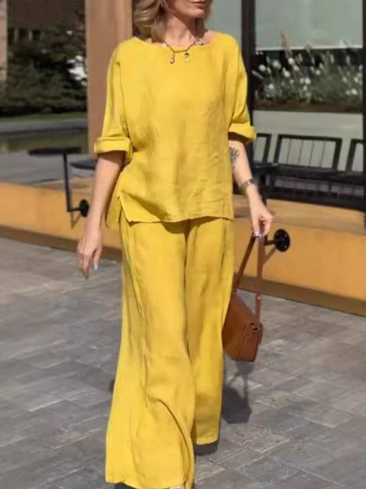 Women'S Casual Loose Solid Color Slit Top Pants Set