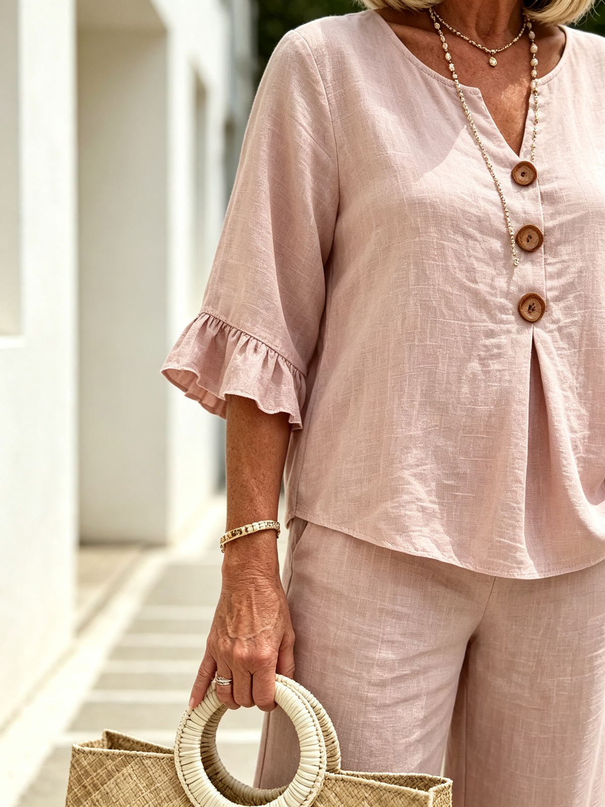Women's Casual Button V-Neck Ruffle Women Summer Linen Two-Piece Outfit Set, V-Neck Wooden Button Front Ruffle 3/4 Sleeve Loose Casual Top & Matching Wide Leg Long Pants, Lightweight Breathable Textured Fabric High-End Seven-Sleeve Linen Top Two-piece Set