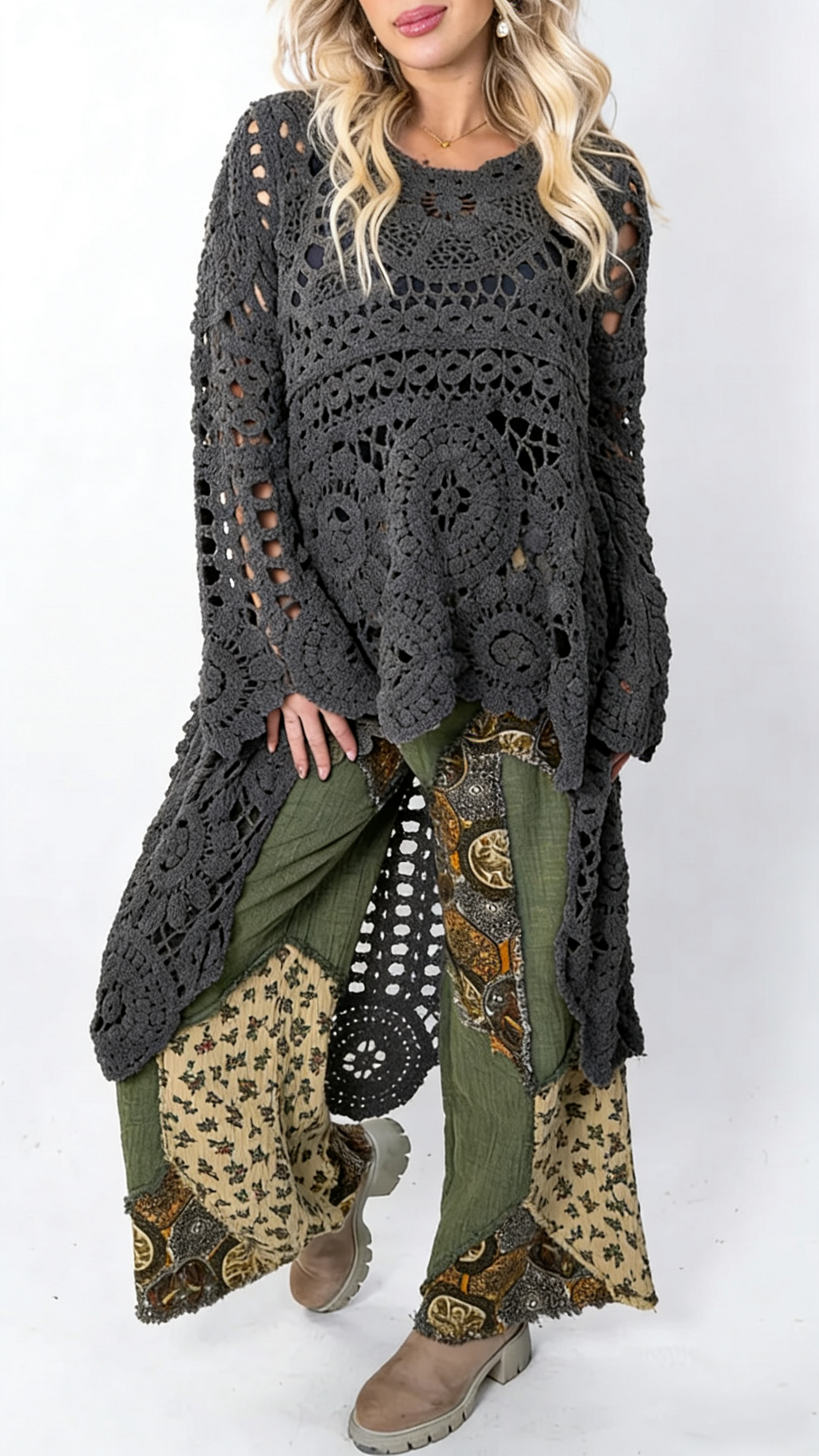 Women Round Neck Hollow Out Casual Long Top