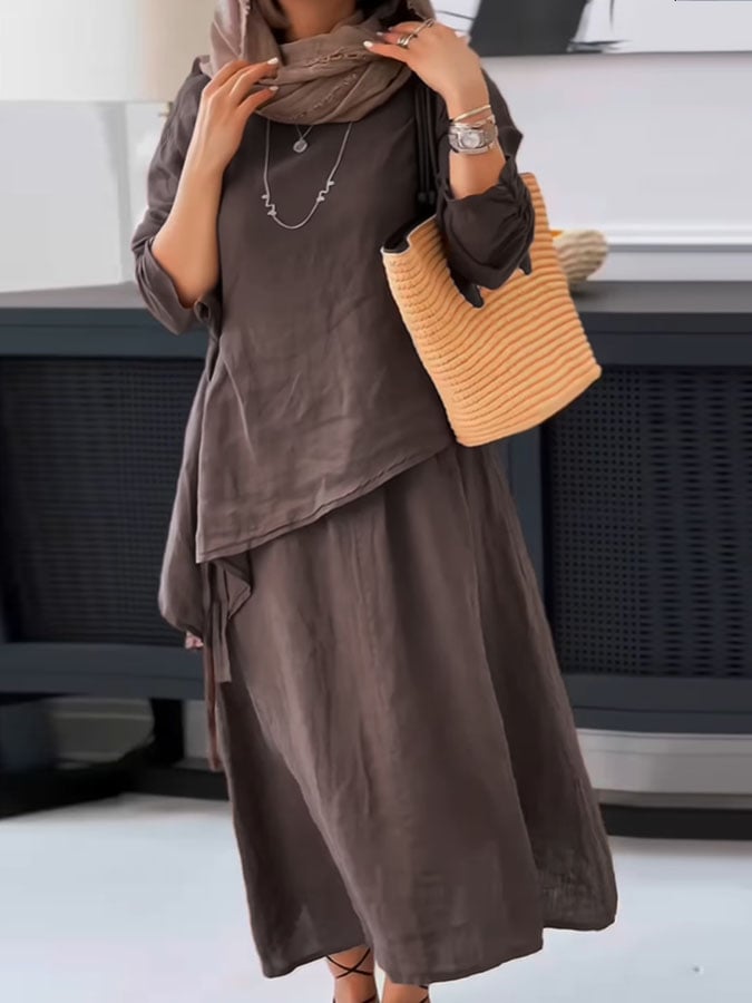 Women's Casual Solid Color Round Neck Long Sleeves Irregular Hem Cotton and Linen Tops and Skirts Two-Piece Set