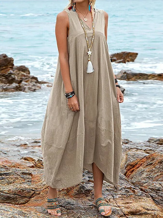 Women's Casual Solid Color V-Neck Pocket Dress