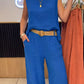 Women's Casual Solid Color Round Neck Vest Trousers Cotton and Linen Two-piece Set