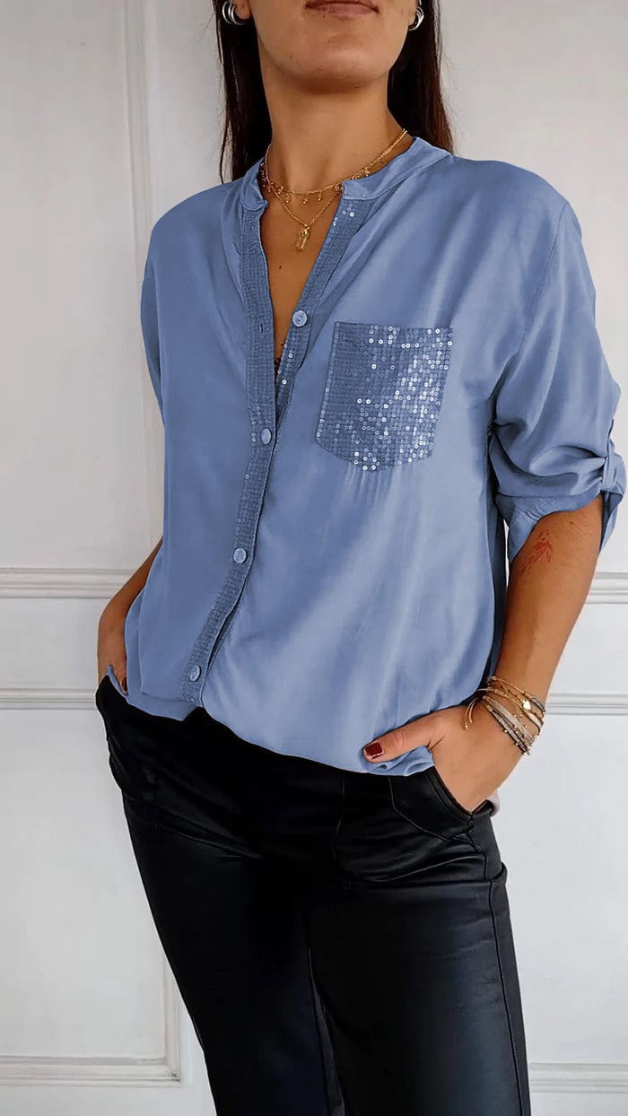 Cotton V-neck Sequin Mid-sleeve Casual Top (Buy 3 Free Shipping)
