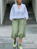 Women's Casual Solid Color V-Neck Long Sleeve Loose Top Cropped Shorts Set